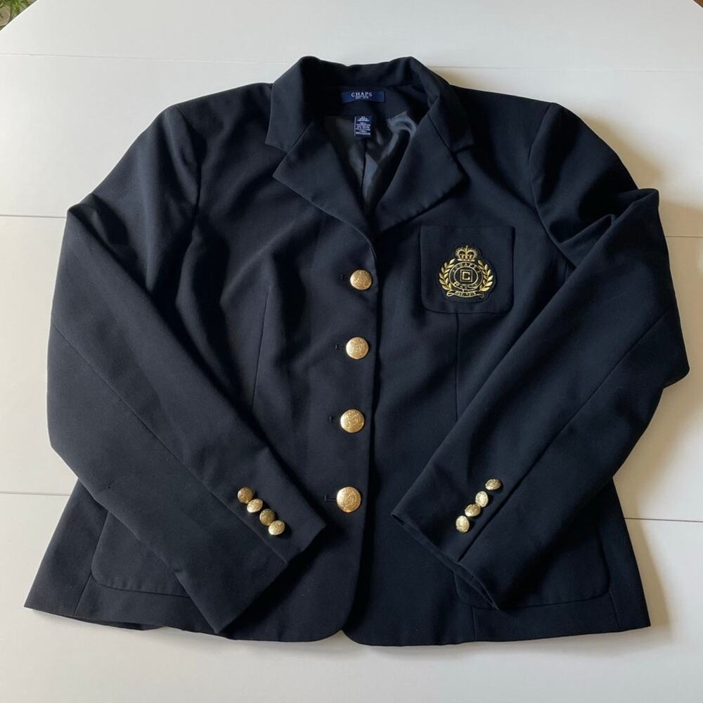 Chaps Dakota Blazer Jacket Black Embroidered Crest Gold Buttons Sz XL Preppy - Picture 7 of 10